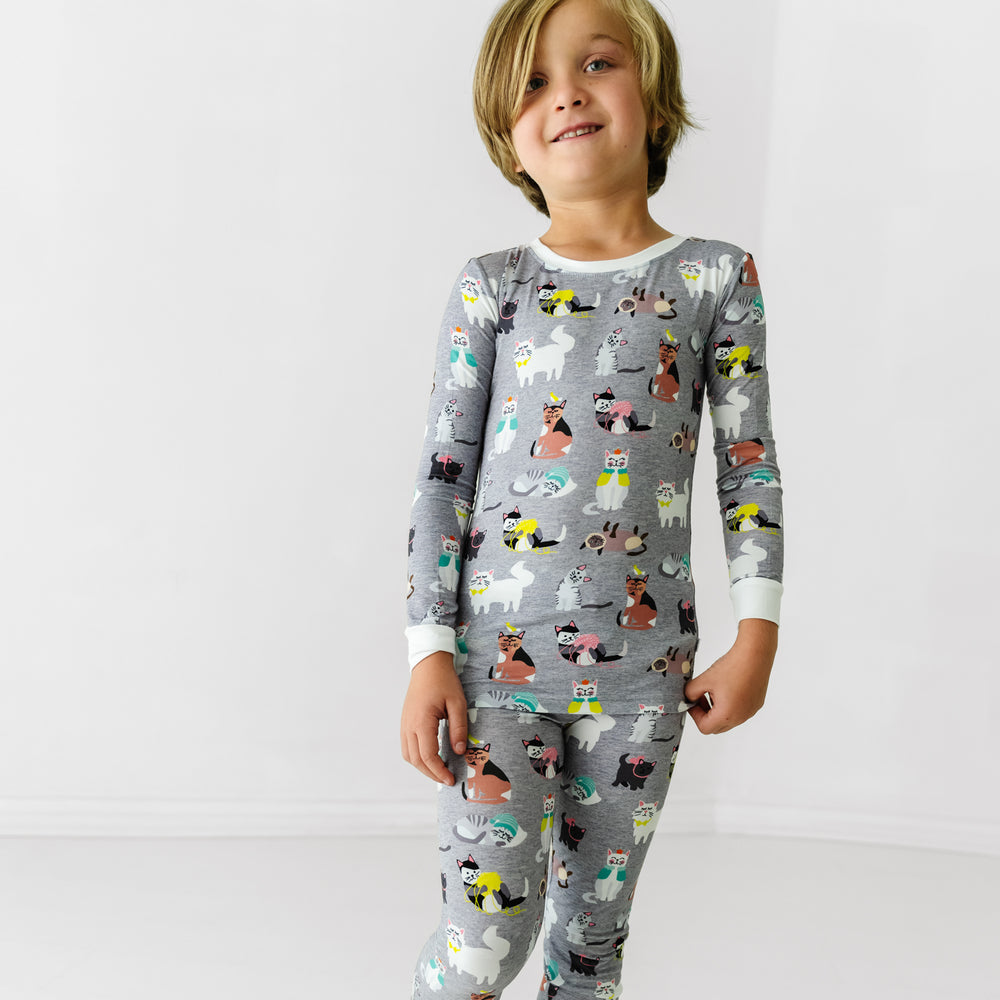 Alternate image of a child wearing a Cozy Cats two-piece pajama set