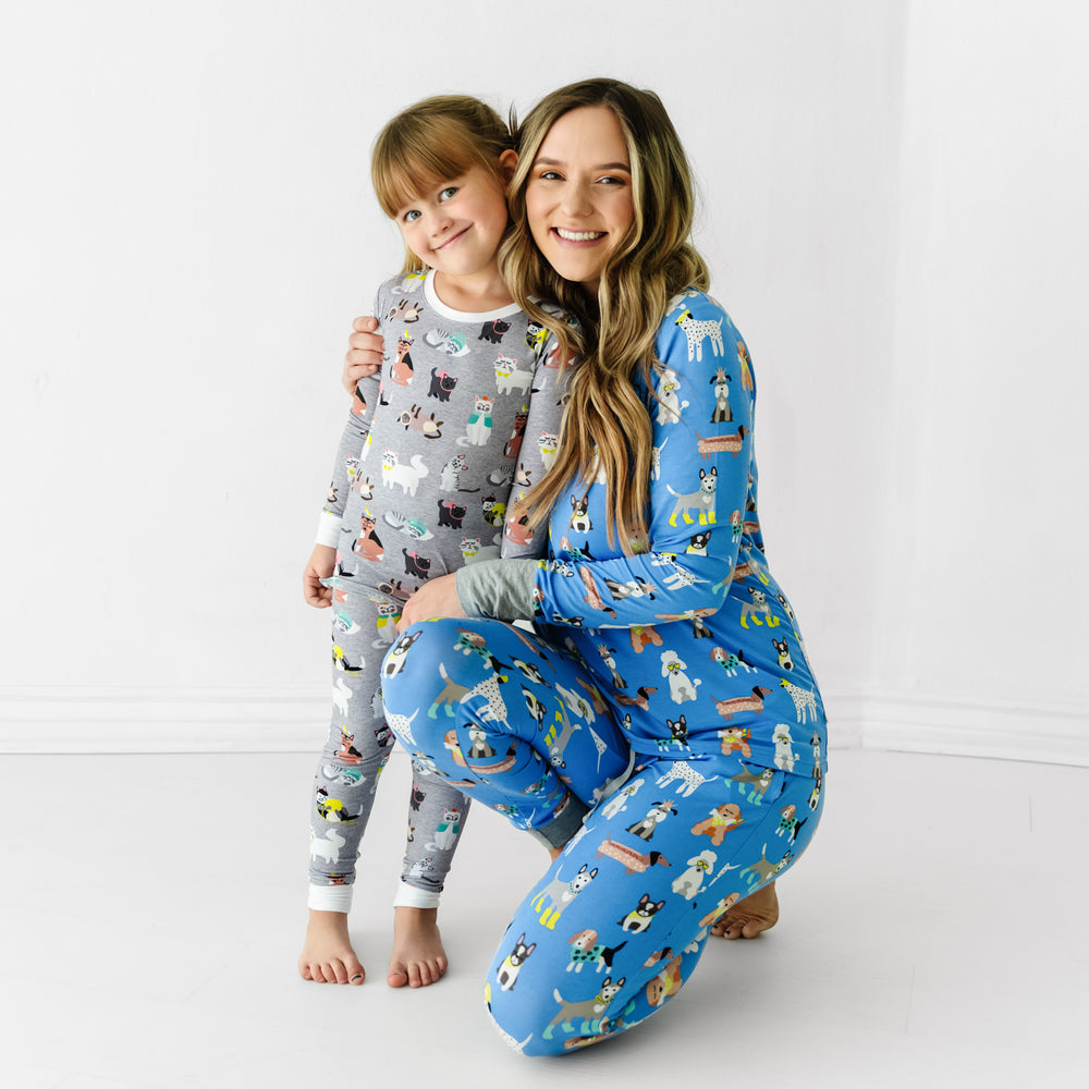 Mother and child wearing coordinating Dapper Dogs and Cozy Cats pajamas