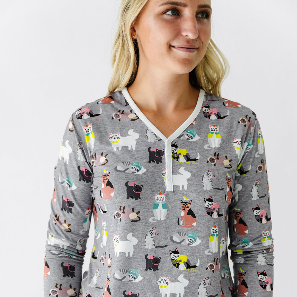 Alternate close up image of a woman wearing a Cozy Cats women's pajama top
