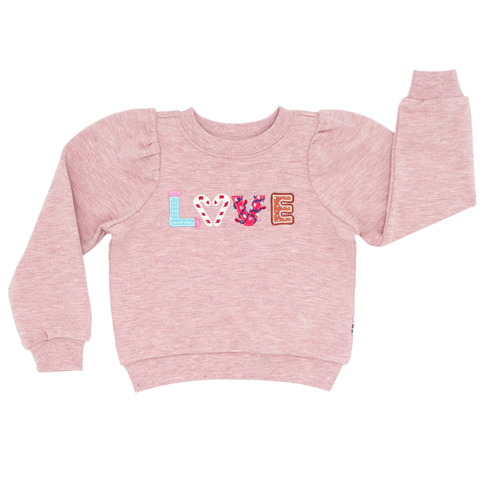 Flat lay image of a Heather Mauve Love puff sleeve crewneck