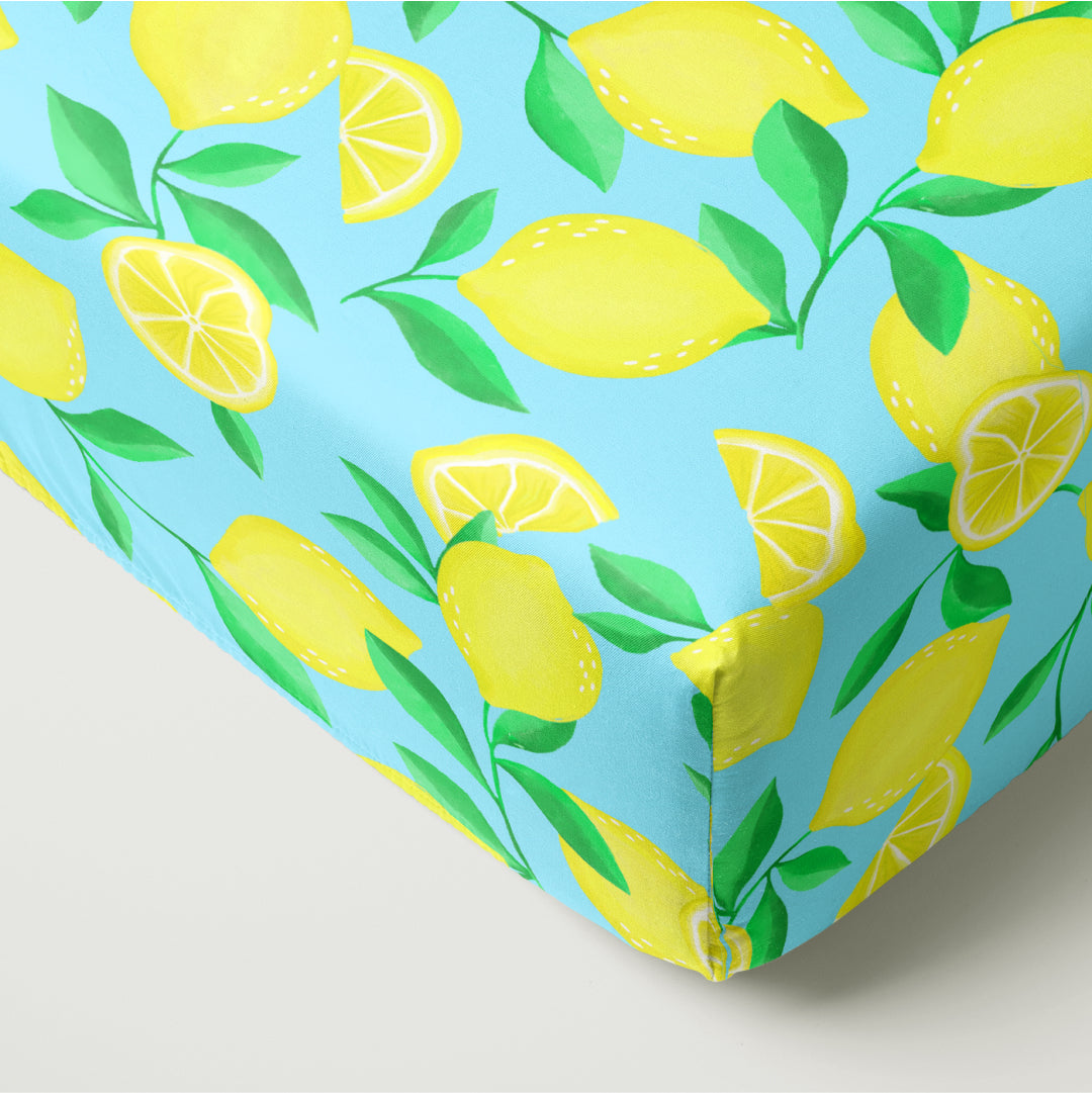 Corner of the Blue Sunny Citrus Fitted Crib Sheet