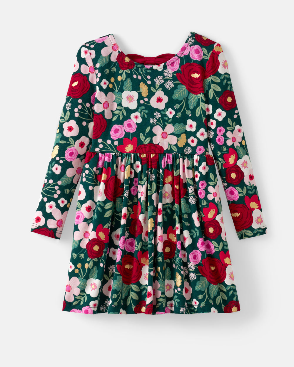 A long-sleeve children's dress with a vibrant floral print on a dark green background, featuring red, pink, and white flowers with green leaves. The dress has a gathered waist and is displayed flat against a light gray background.
