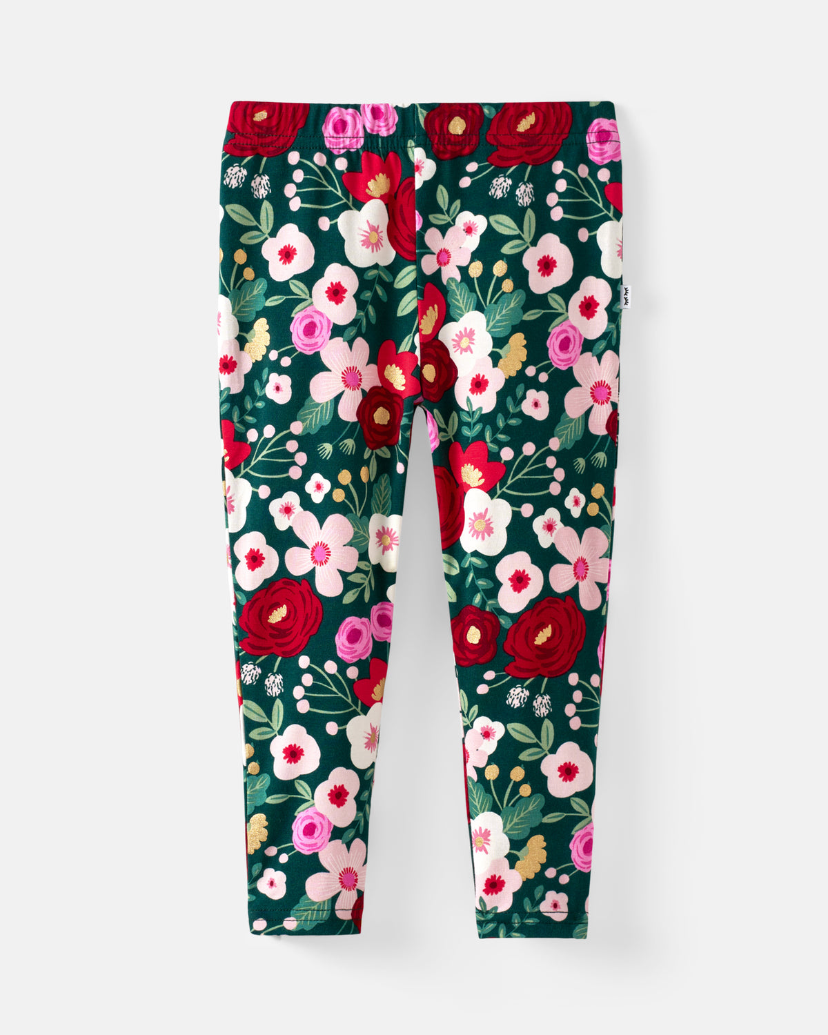 A pair of children's leggings with a dense floral pattern on a dark green background, featuring red, pink, and white flowers with green leaves, shown flat against a light gray background.