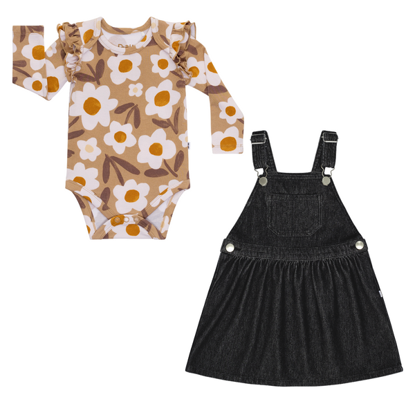 Flat lay composite of a Daisy Daydream flutter bodysuit and Black denim tank skirt overall