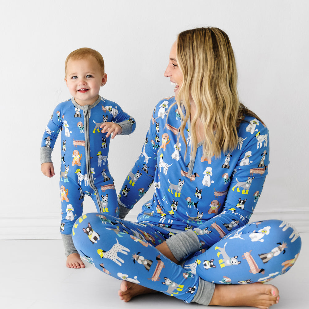Mother and child wearing matching Dapper Dogs pajamas