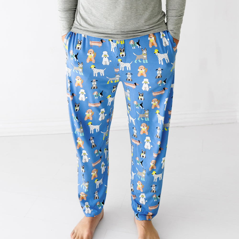 Alternate close up image of a man wearing Dapper Dogs men's pajama pants