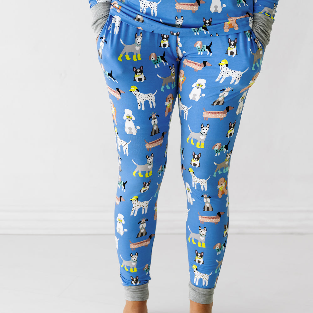 Close up image of a woman wearing Dapper Dogs women's pajama pants