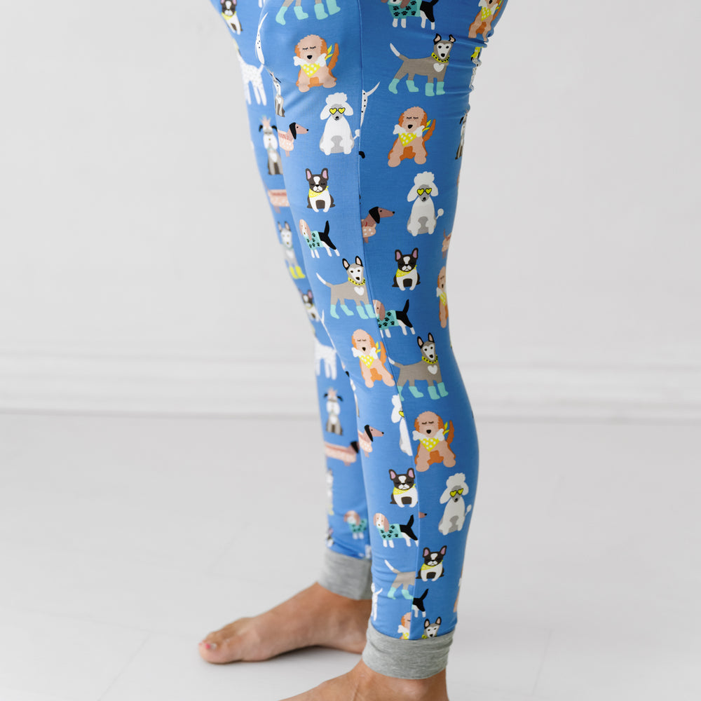 Close up side view image of a woman wearing Dapper Dogs women's pajama pants