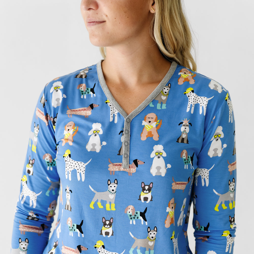 Alternate close up image of a woman wearing a Dapper Dogs women's pajama top