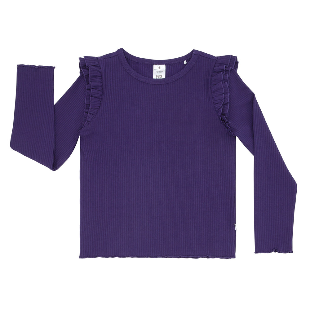 Flat lay image of a Deep Amethyst ribbed flutter lettuce tee