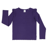 Flat lay image of a Deep Amethyst ribbed flutter lettuce tee