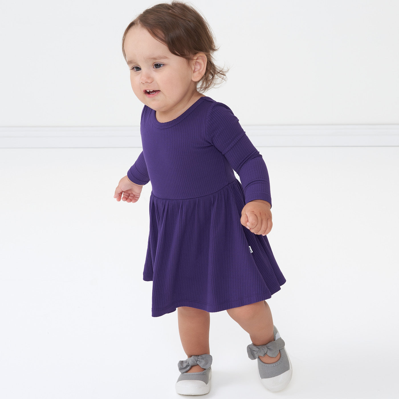 Alternate image of a child wearing a Deep Amethyst ribbed twirl dress with bodysuit