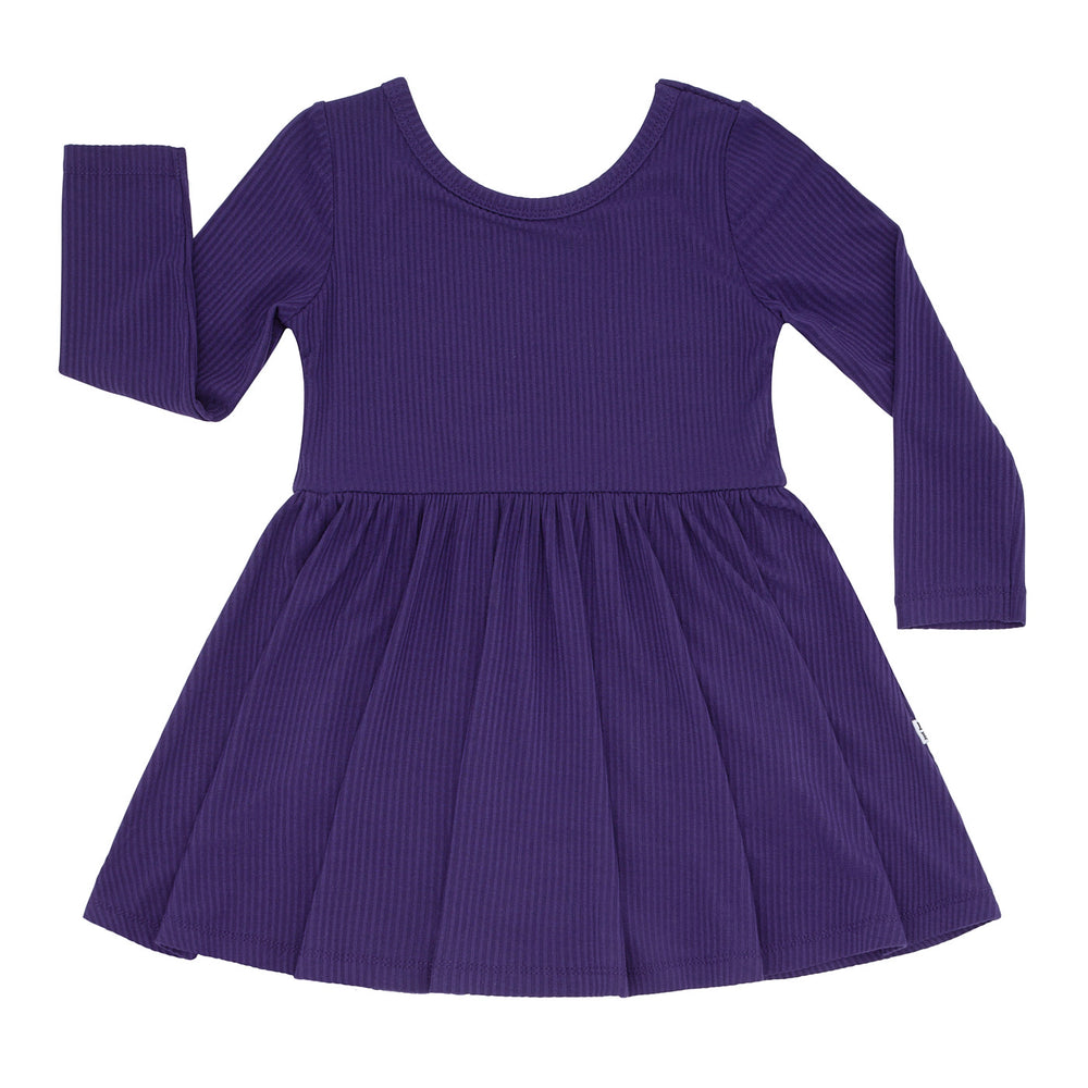 Flat lay image of a Deep Amethyst ribbed twirl dress with bodysuit