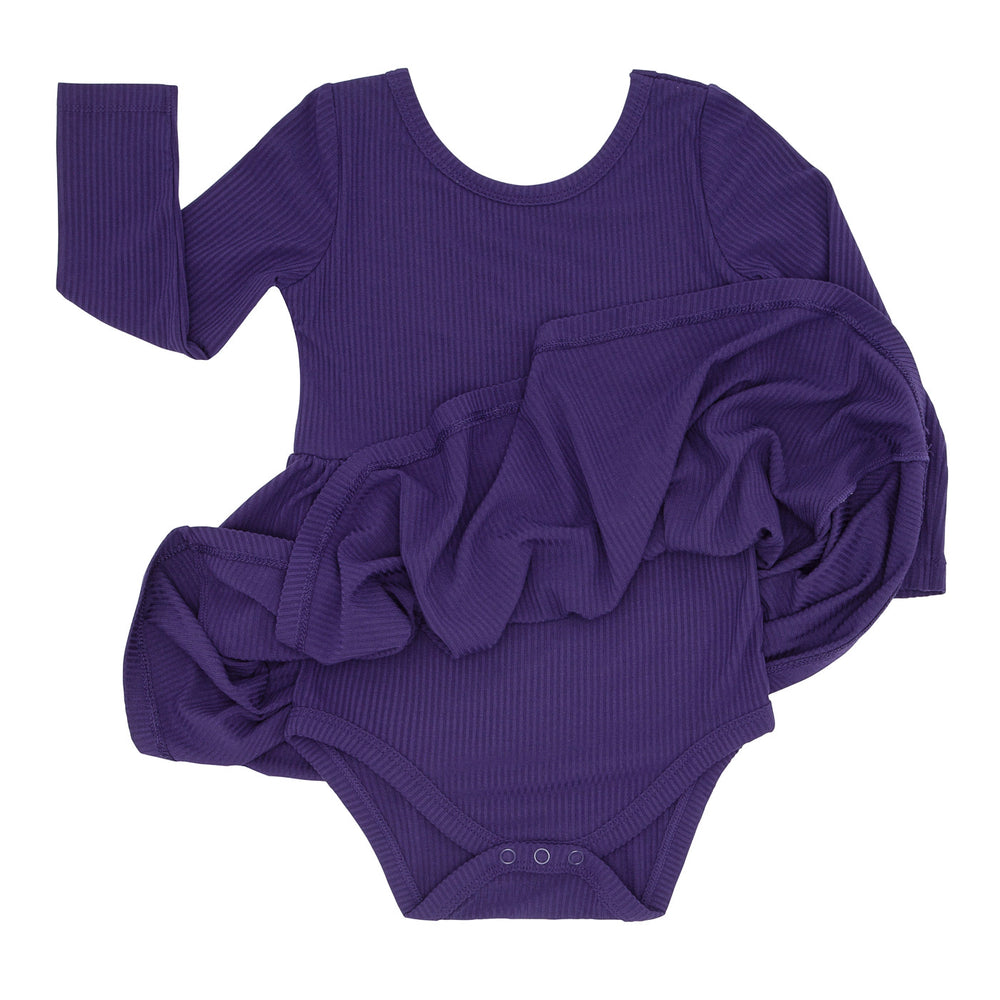 Flat lay image of a Deep Amethyst ribbed twirl dress with bodysuit detailing the bodysuit