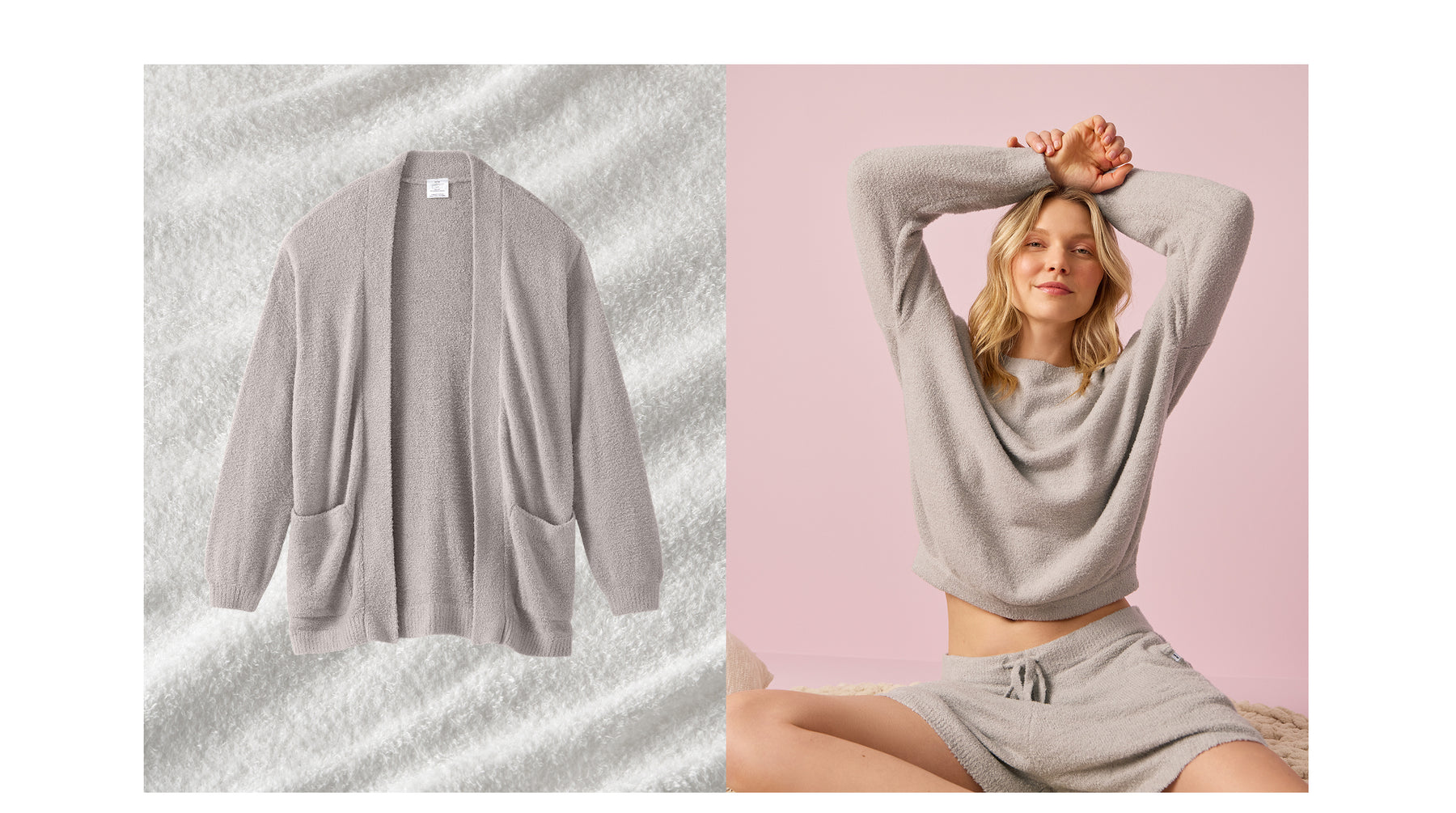 On the left, a Dove Gray Dreamy Lounge Cardigan. On the right, a woman sitting down wearing a Dove Gray Dreamy Lounge Pullover and Shorts