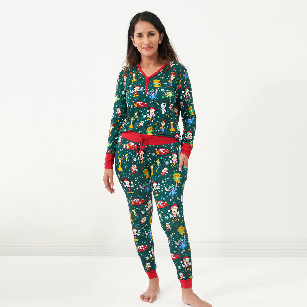 Alternate image of a woman wearing a Disney Christmas Party women's pajama top and matching pants