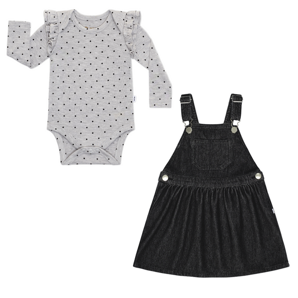 Flat lay composite of a Ditsy Dots flutter bodysuit and Black denim tank skirt overall