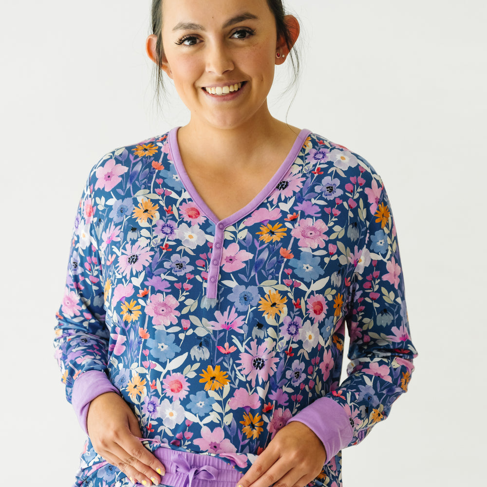 Alternate close up image of a woman wearing Dusk Blooms women's pajama top
