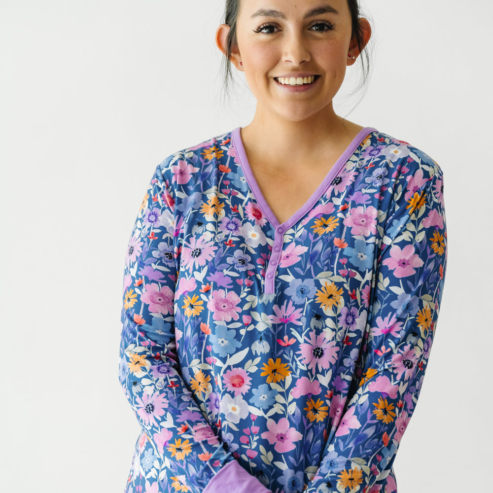 Close up image of a woman wearing Dusk Blooms women's pajama top