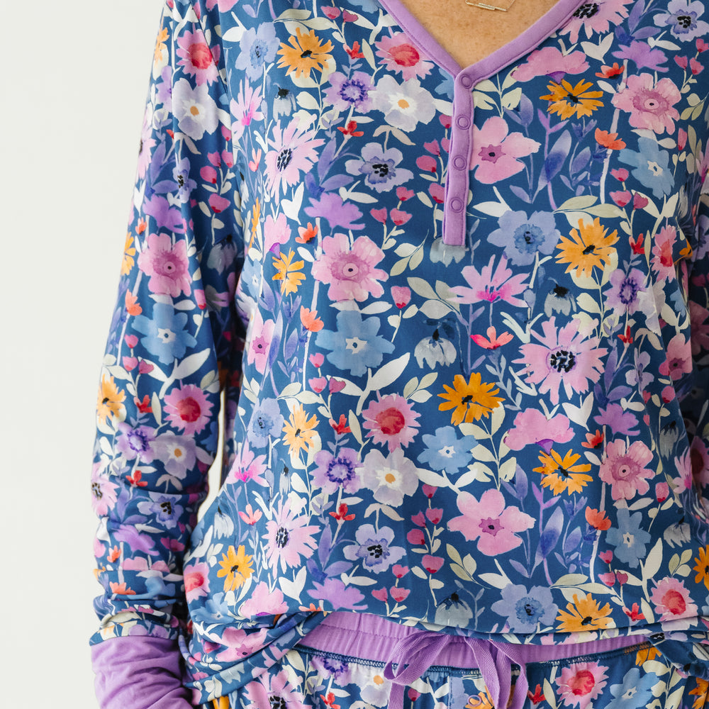 close up image of woman wearing Dusk Blooms women's pajama top