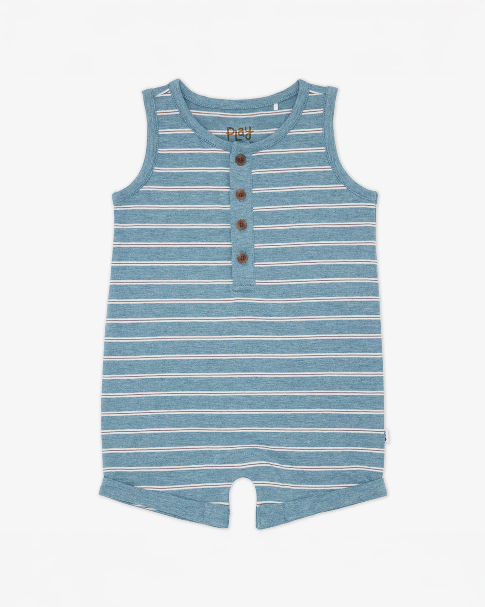 Flat lay of the Heather Dusk Blue Stripes Henley Romper
