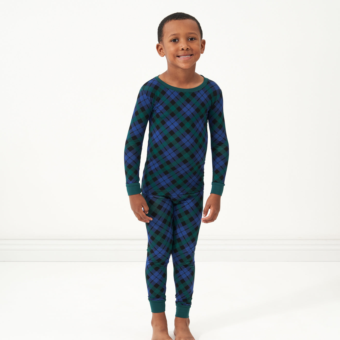 Alternate image of a child wearing an Emerald Plaid two-piece pajama set