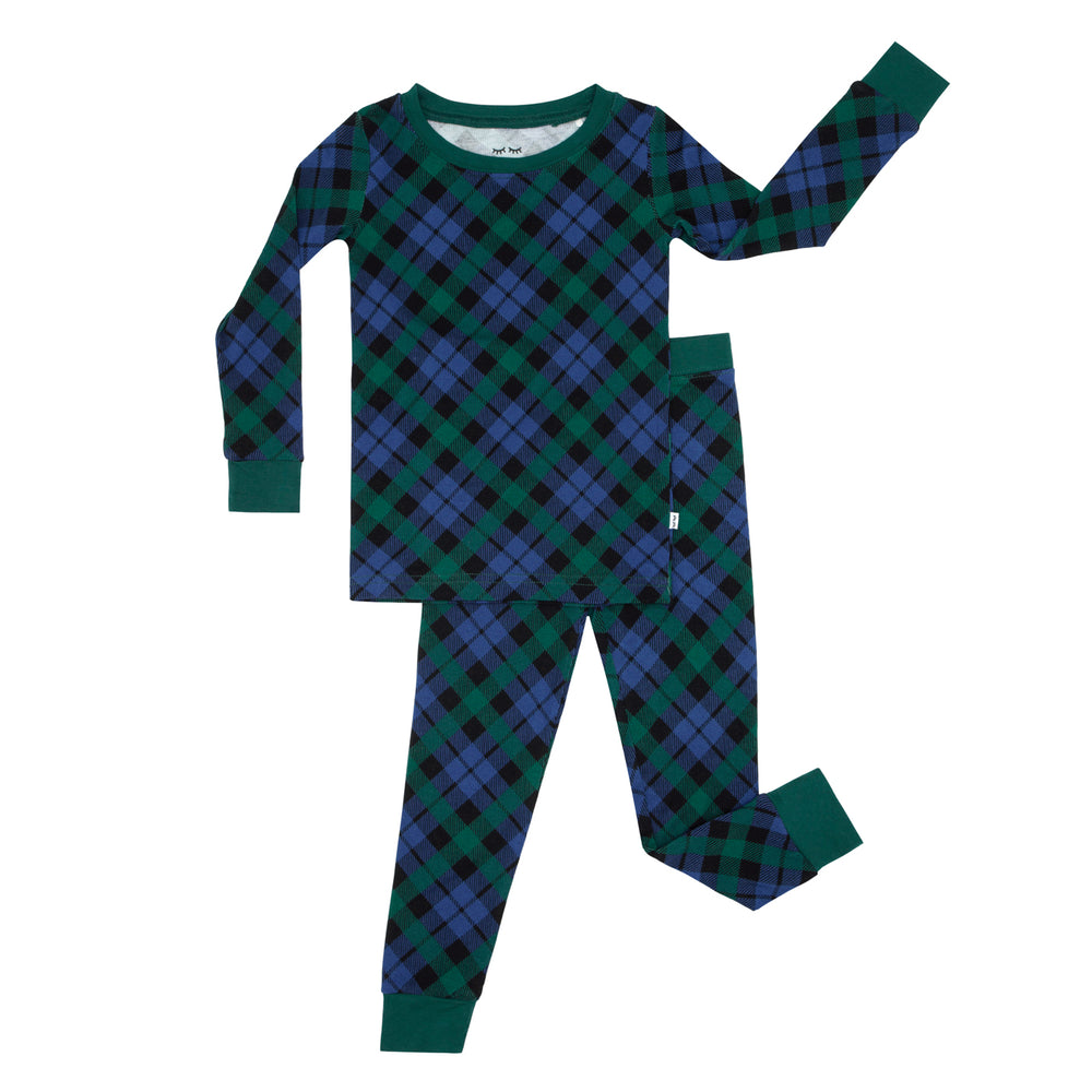 Flat lay image of an Emerald Plaid two-piece pajama set