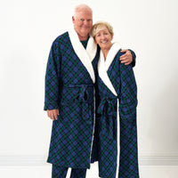 Man and women wearing Emerald Plaid cozy robes