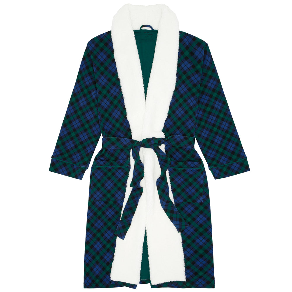 Flat lay image of an Emerald Plaid cozy robe