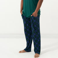 Alternate close up image of a man wearing Emerald Plaid men's pajama pants
