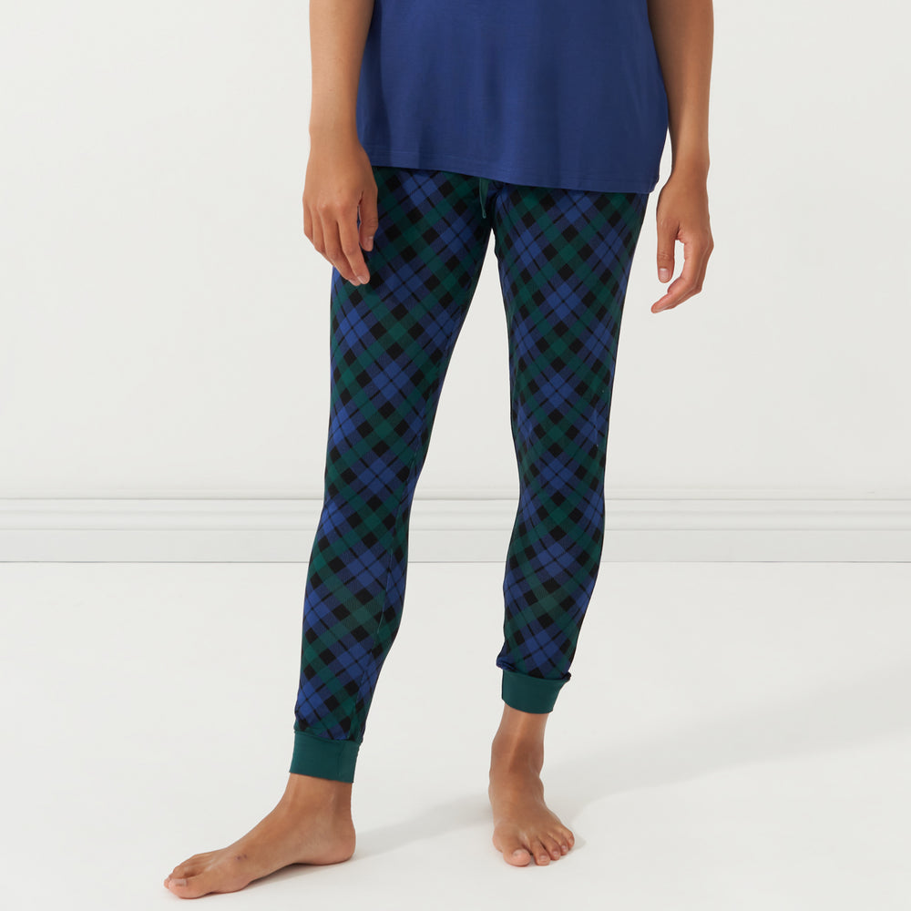 Alternate close up image of a woman wearing Emerald Plaid women's pajama pants