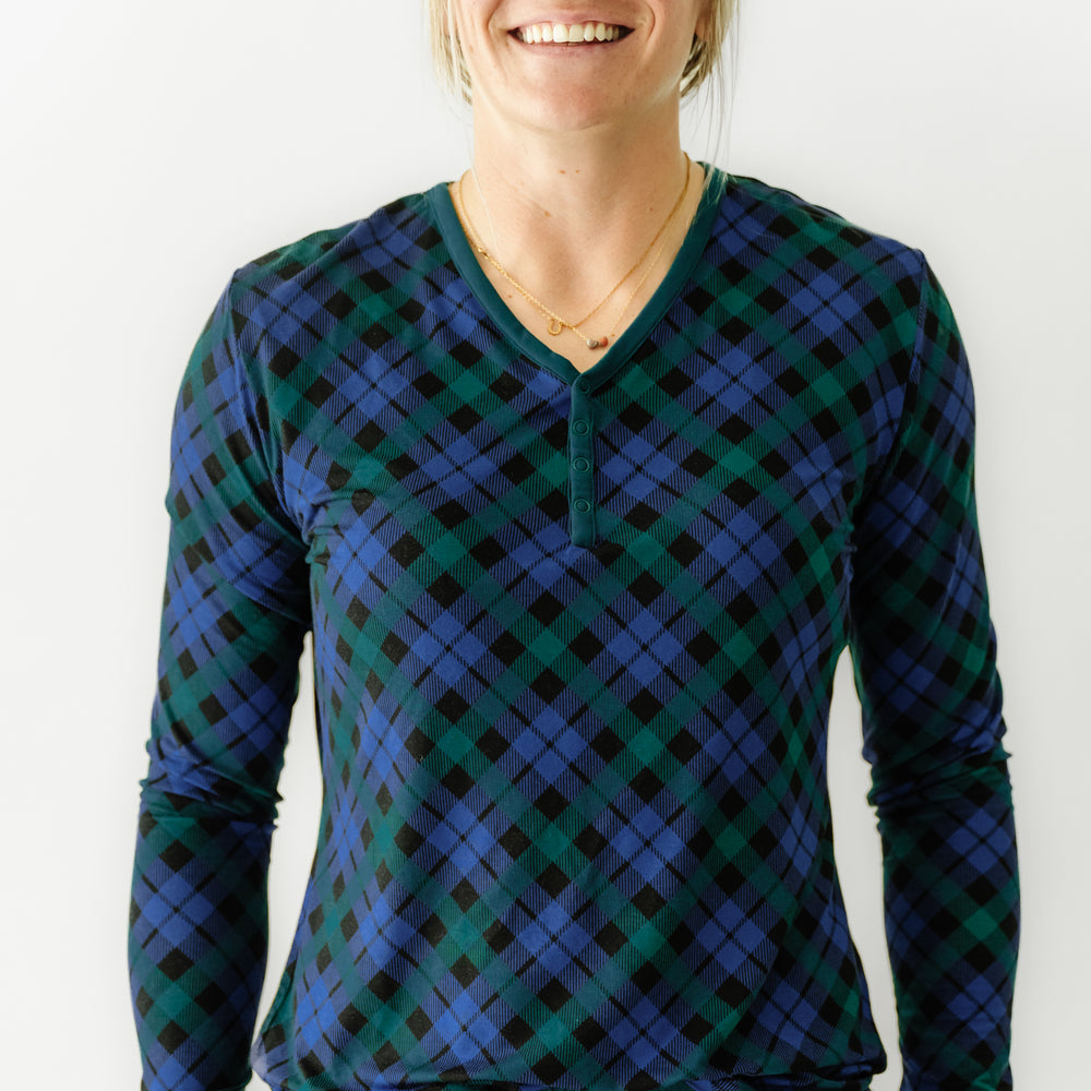 Alternate close up image of a woman wearing an Emerald Plaid women's pajama top