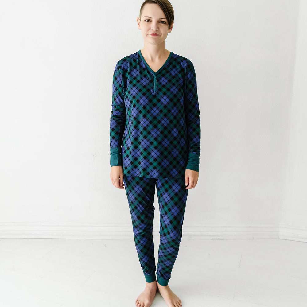 Woman wearing Emerald Plaid women's pajama top and matching women's pj pants