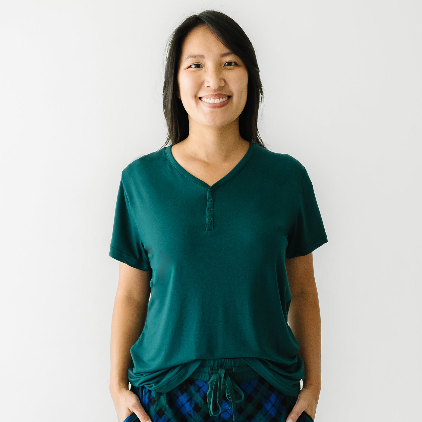Woman wearing an Emerald women's short sleeve pajama top