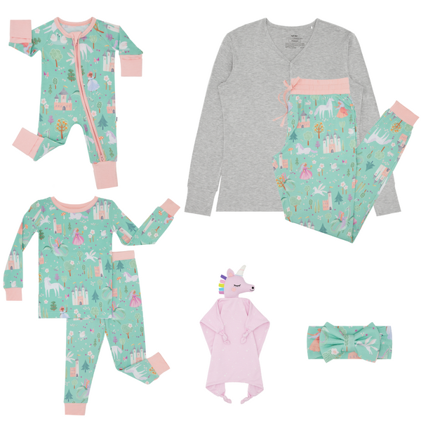 Enchanted Fairytale mommy and me matching pajamas, Sienna the Unicorn Sleepyhead Lovey, and Enchanted Fairytale Luxe Bow Headband
