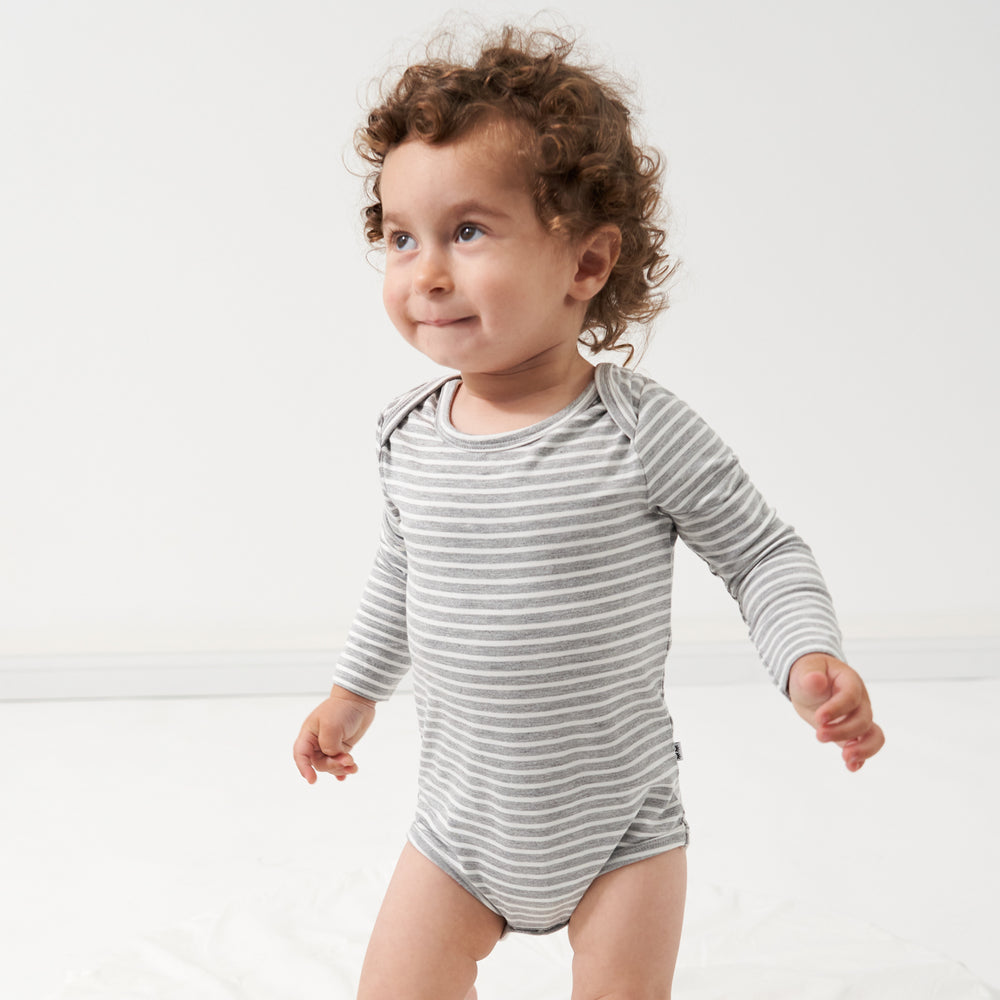 Click to see full screen - Child wearing a Heather Gray and Ivory Stripe bodysuit