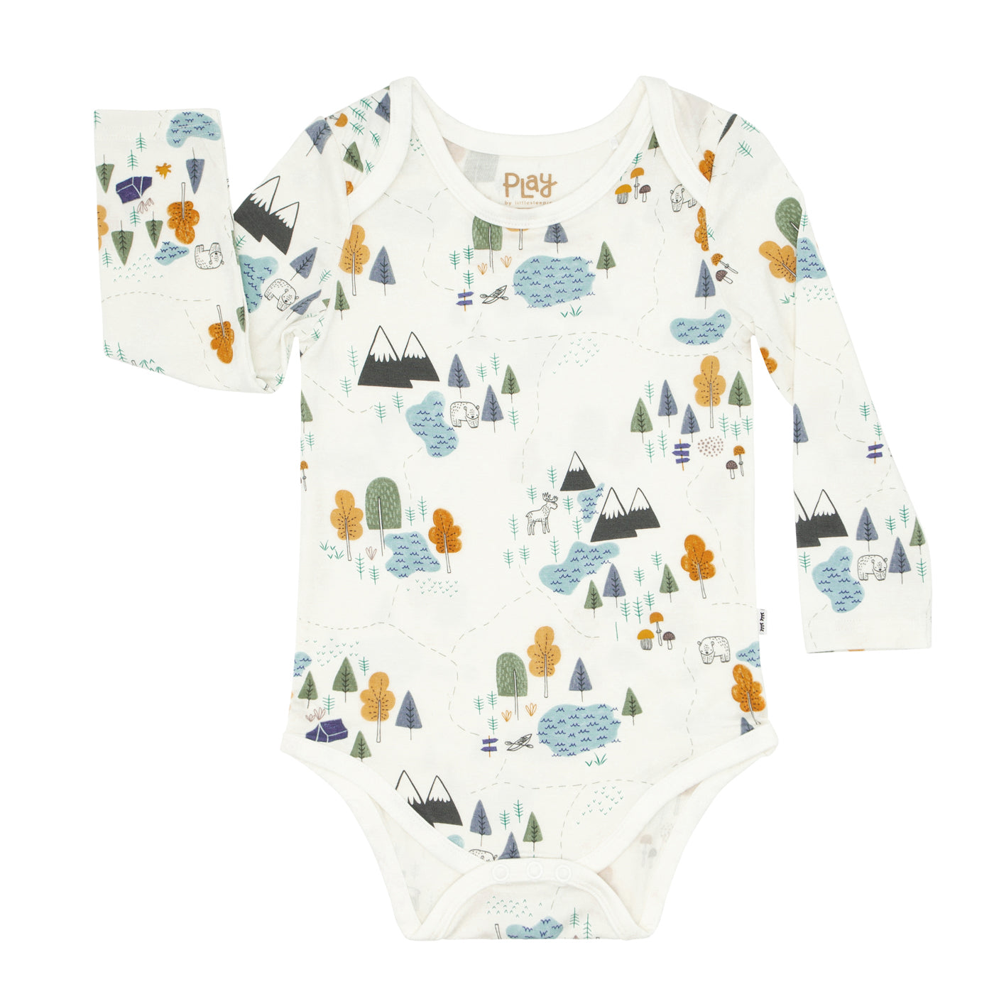 Flat lay image of a Let's Explore printed bodysuit
