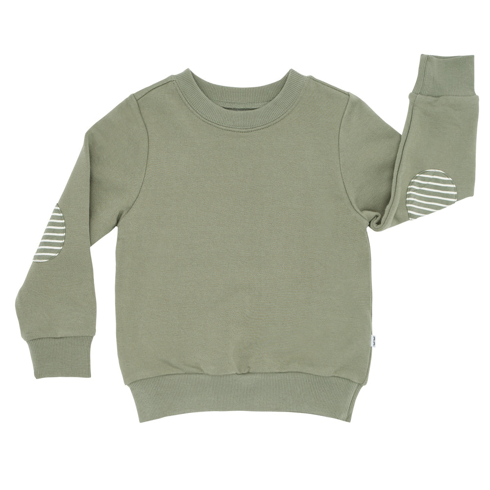 Flat lay image of a Moss elbow patch crewneck