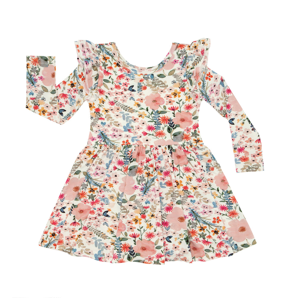 Click to see full screen - Flat lay image of Mauve Meadow printed flutter twirl dress