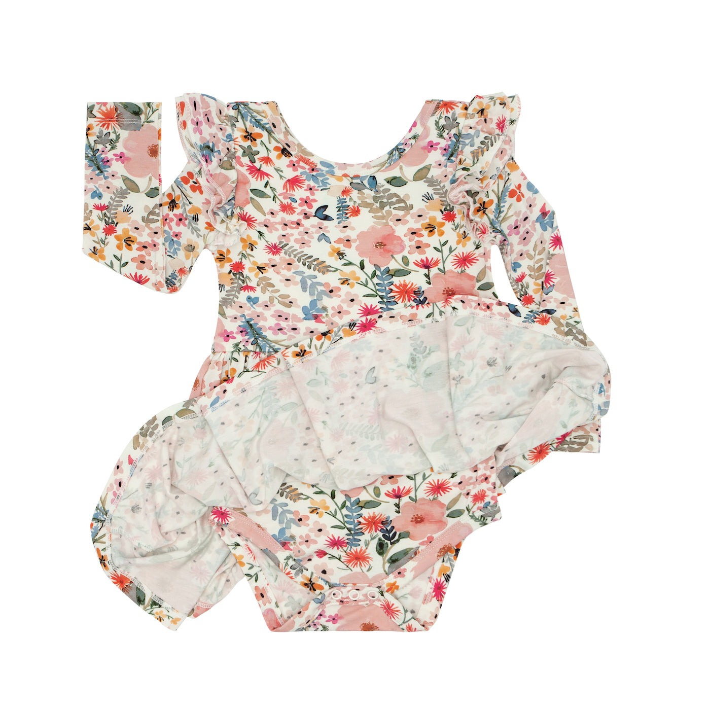Flat lay image of Mauve Meadow printed flutter twirl dress detailing the bodysuit underneath  