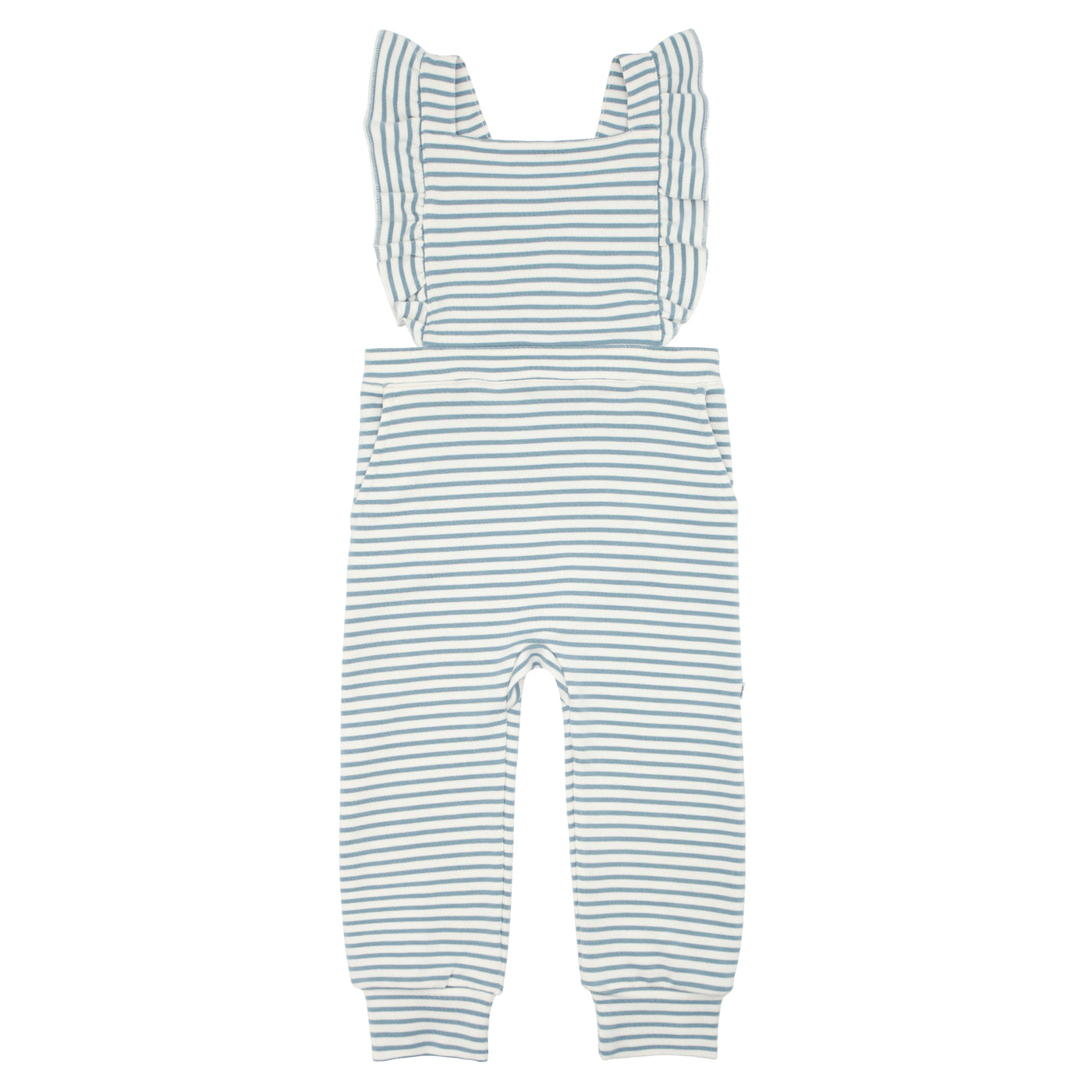 Flat lay image of Ivory and Fog Striped overalls 
