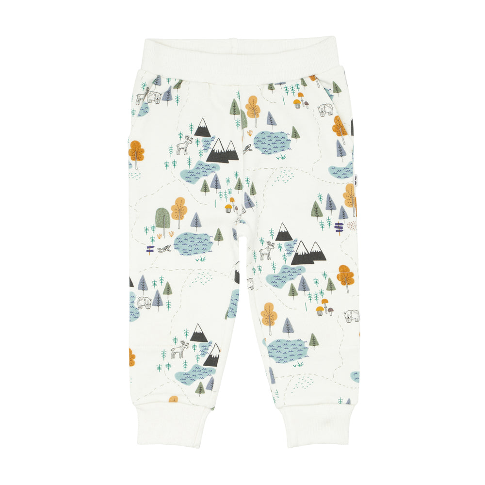 Click to see full screen - Flat lay image of Let's Explore printed joggers