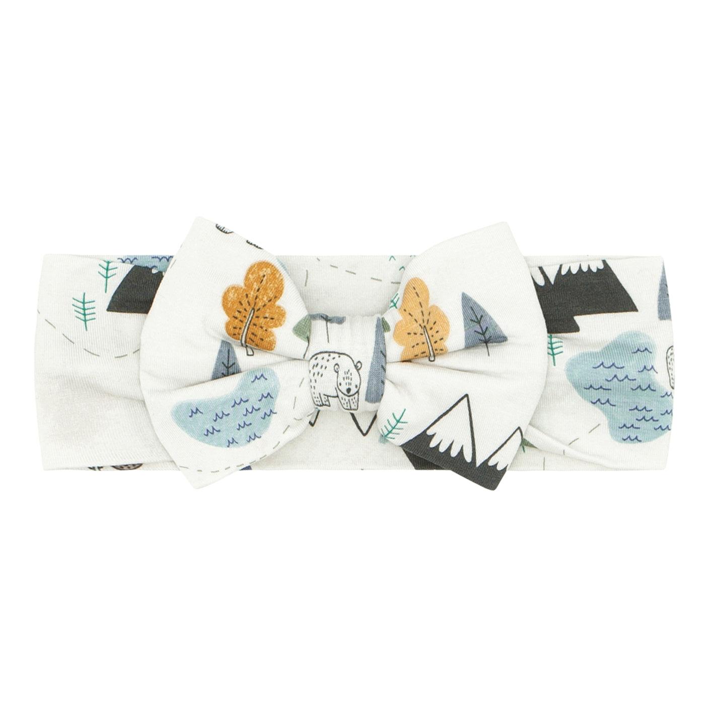 Flat lay image of a Let's Explore printed luxe bow headband