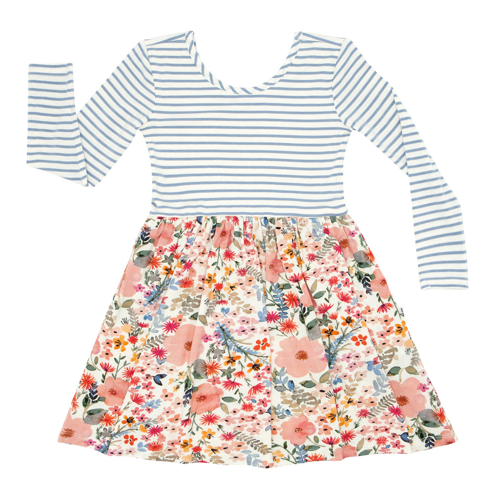 Click to see full screen - Flat lay image of an Ivory Fog Stripe and Mauve Meadow skater dress