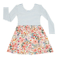 Flat lay image of an Ivory Fog Stripe and Mauve Meadow skater dress
