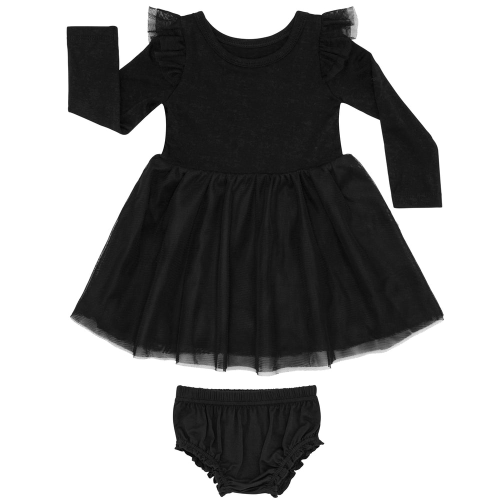 Flat lay image of a Black flutter tutu dress with bloomer