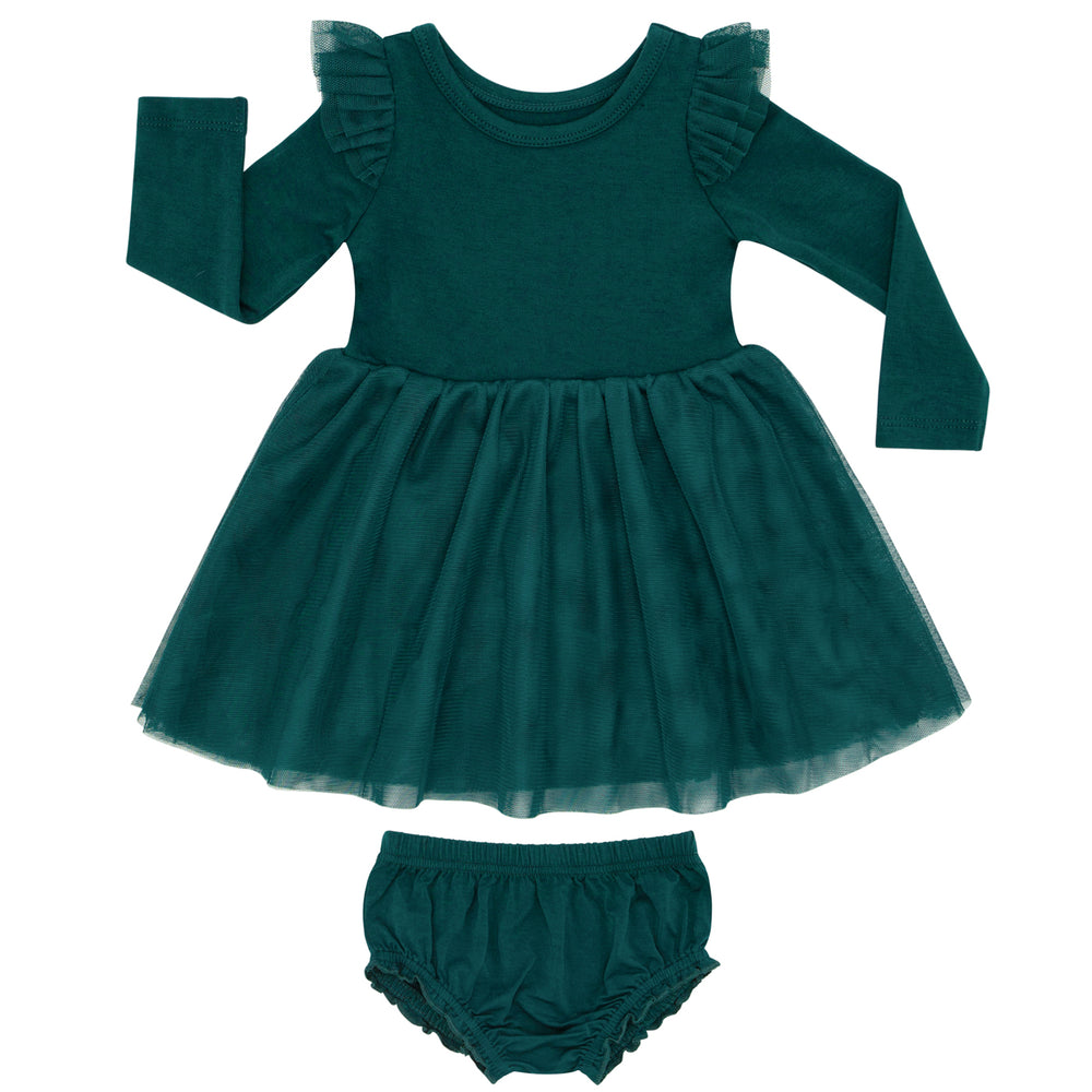 Flat lay image of Emerald flutter tutu dress with bloomer