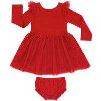 Flat lay image of a Holiday Red flutter tutu dress with bloomer