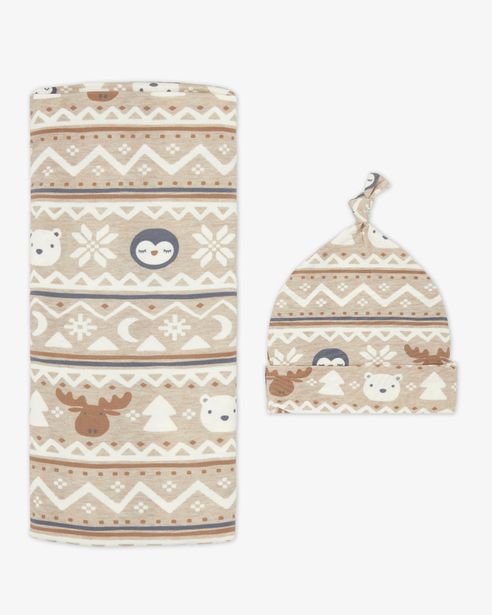 Flat lay of the Frosty Fair Isle Swaddle & Hat Set