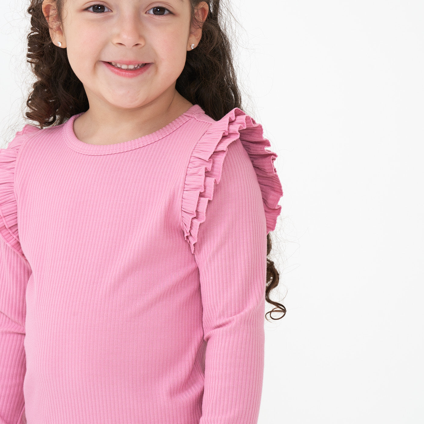 Alternate close up image of a child wearing a Garden Rose ribbed flutter tee